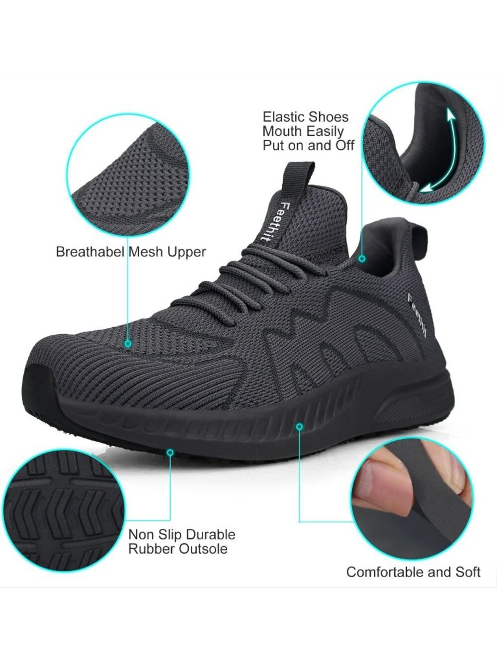 Men's Dark Grey Non Slip Walking Lightweight Breathable Slip on Athletic Sneaker - Picture 3 of 6